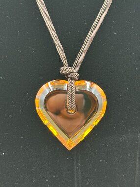 Baccarat Amber Crystal Coeur Heart Pendant Necklace Signed Two Silk Cords France